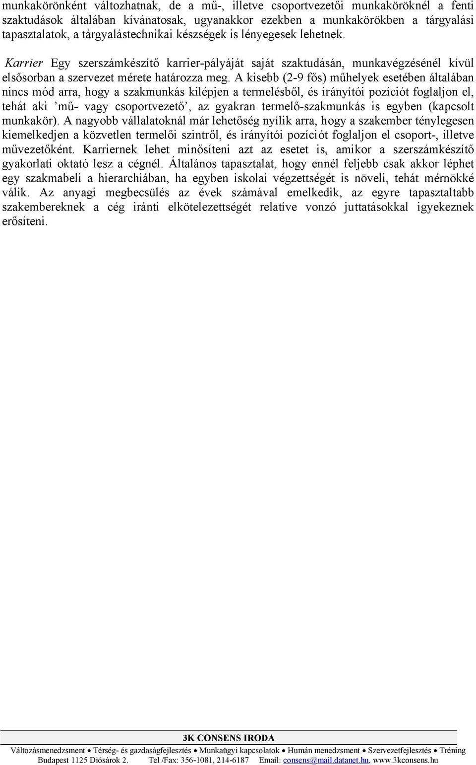 A kisebb (2-9 fős) műhelyek esetében általában nincs mód arra, hogy a szakmunkás kilépjen a termelésből, és irányítói pozíciót foglaljon el, tehát aki mű- vagy csoportvezető, az gyakran