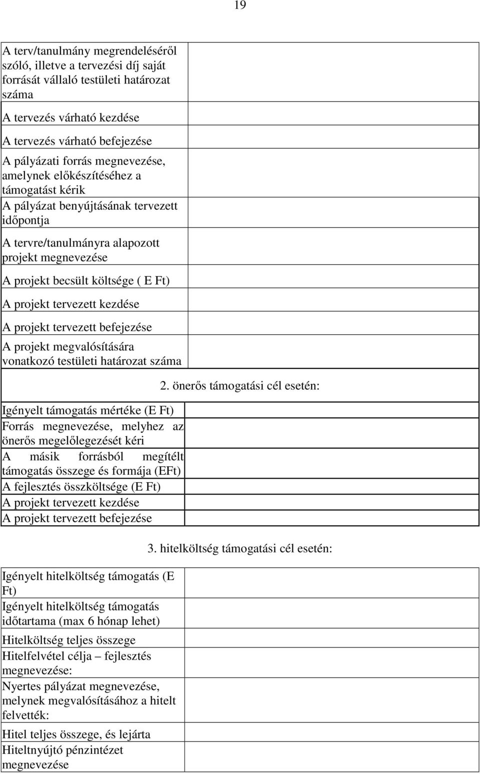 tervezett kezdése A projekt tervezett befejezése A projekt megvalósítására vonatkozó testületi határozat száma Igényelt támogatás mértéke (E Ft) Forrás megnevezése, melyhez az önerıs megelılegezését