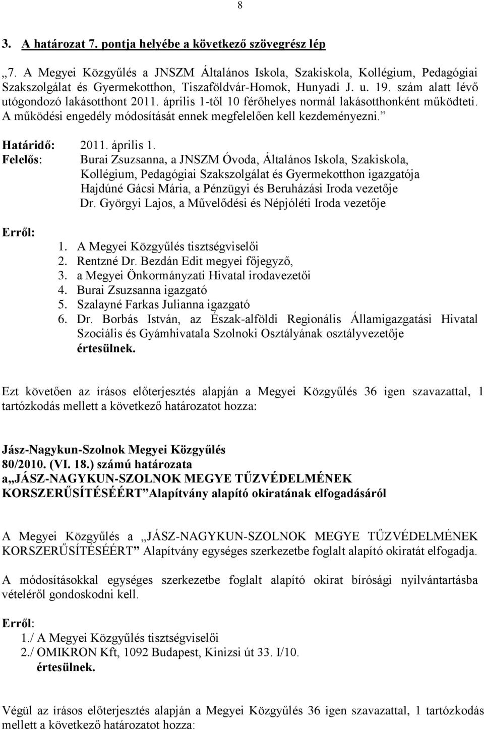 április 1-től 10 férőhelyes normál lakásotthonként működteti. A működési engedély módosítását ennek megfelelően kell kezdeményezni. Határidő: 2011. április 1.