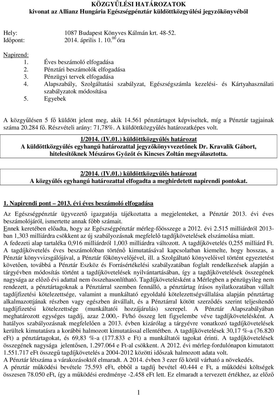 Alapszabály, Szolgáltatási szabályzat, Egészségszámla kezelési- és Kártyahasználati szabályzatok módosítása 5. Egyebek A közgyűlésen 5 fő küldött jelent meg, akik 14.