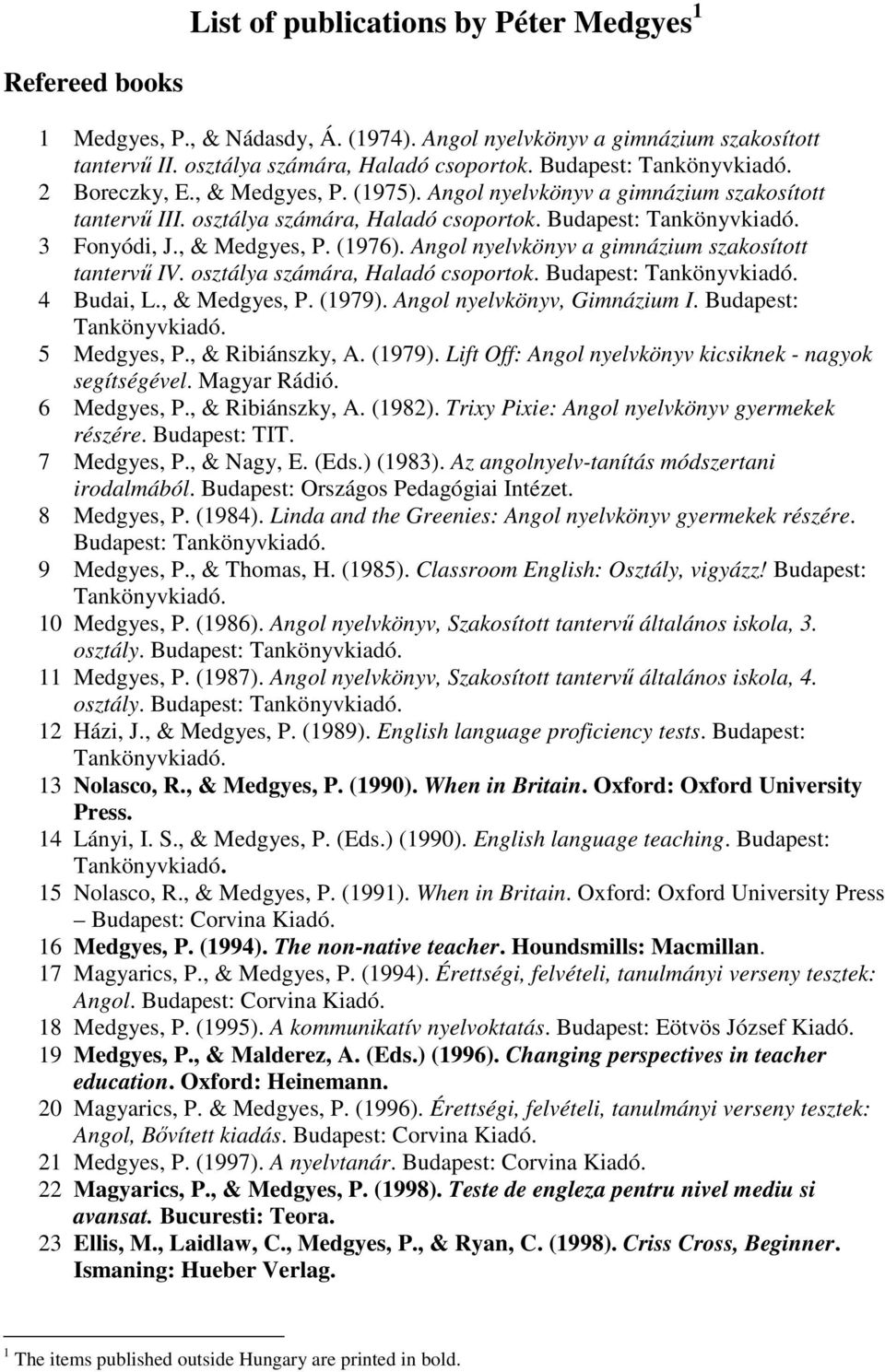 Angol nyelvkönyv a gimnázium szakosított tantervő IV. osztálya számára, Haladó csoportok. Budapest: 4 Budai, L., & Medgyes, P. (1979). Angol nyelvkönyv, Gimnázium I. Budapest: 5 Medgyes, P.