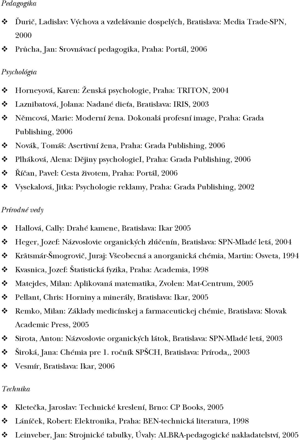 Dokonalá profesní image, Praha: Grada Publishing, 2006 Novák, Tomáš: Asertivní žena, Praha: Grada Publishing, 2006 Plháková, Alena: Dějiny psychologiei, Praha: Grada Publishing, 2006 Říčan, Pavel: