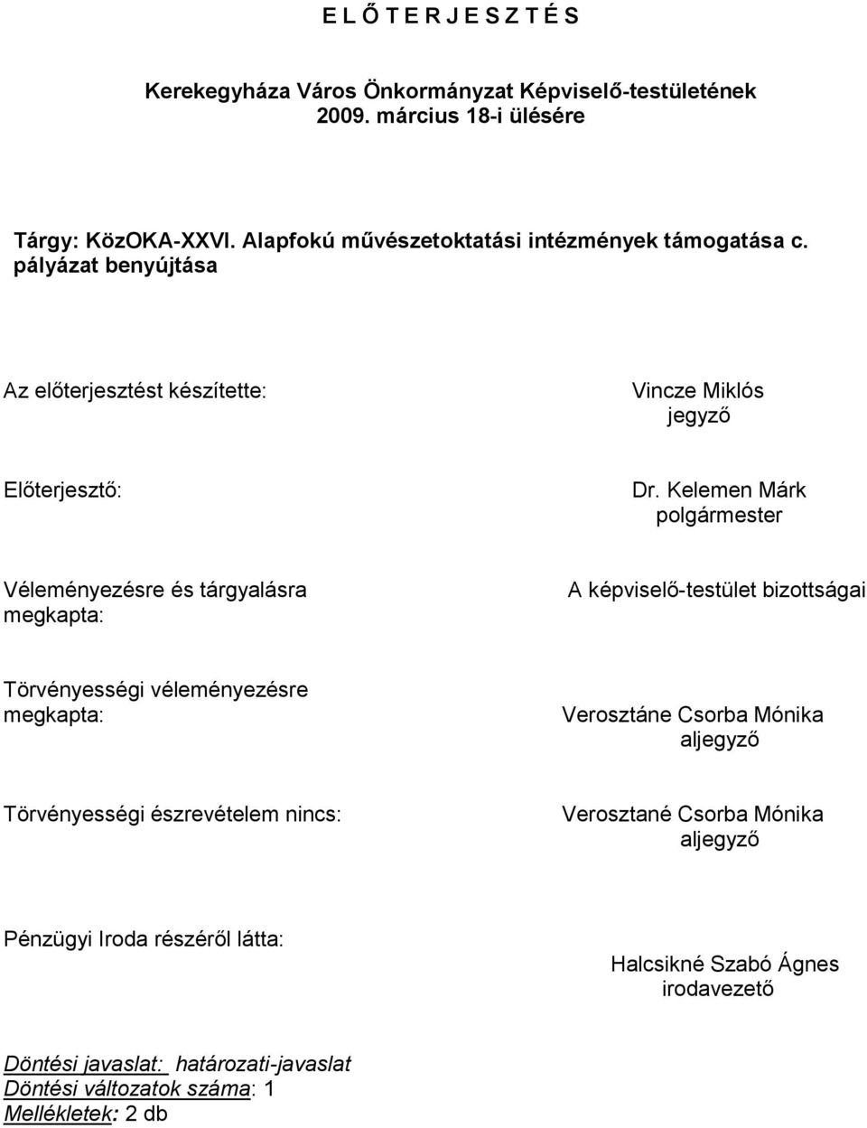 Kelemen Márk polgármester Véleményezésre és tárgyalásra megkapta: A képviselő-testület bizottságai Törvényességi véleményezésre megkapta: Verosztáne Csorba Mónika