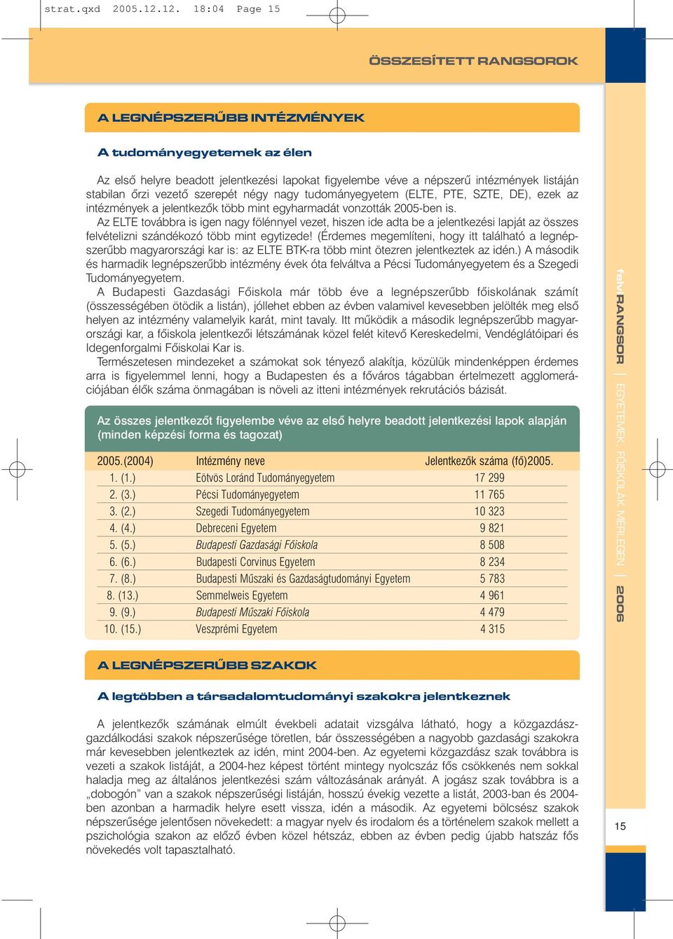 négy nagy tudományegyetem (ELTE, PTE, SZTE, DE), ezek az intézmények a jelentkezõk több mint egyharmadát vonzották 2005-ben is.