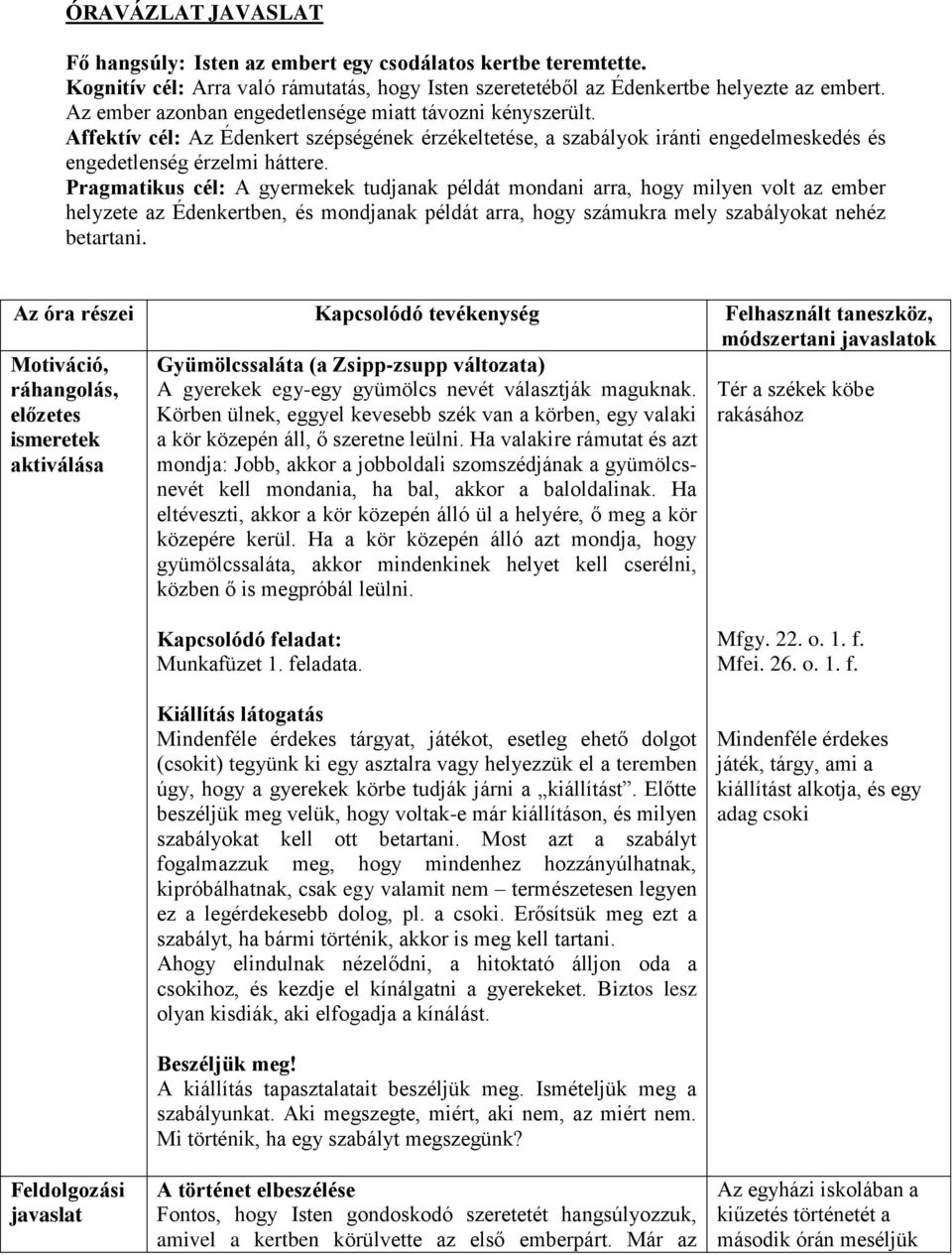 Pragmatikus cél: A gyermekek tudjanak példát mondani arra, hogy milyen volt az ember helyzete az Édenkertben, és mondjanak példát arra, hogy számukra mely szabályokat nehéz betartani.