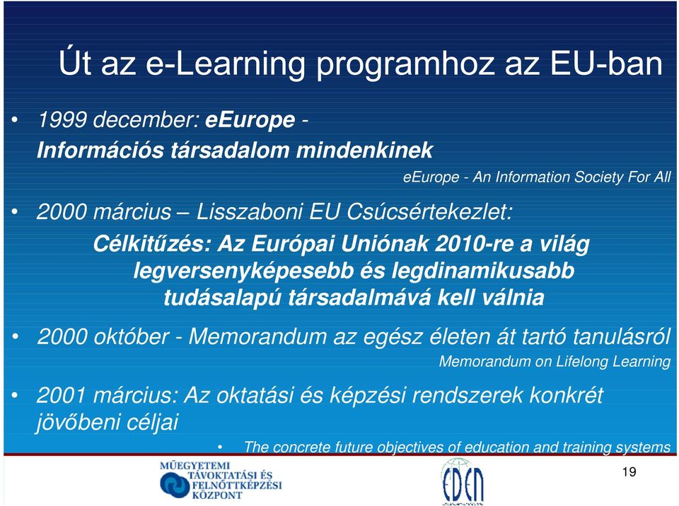 társadalmává kell válnia 2000 október - Memorandum az egész életen át tartó tanulásról Memorandum on Lifelong Learning 2001