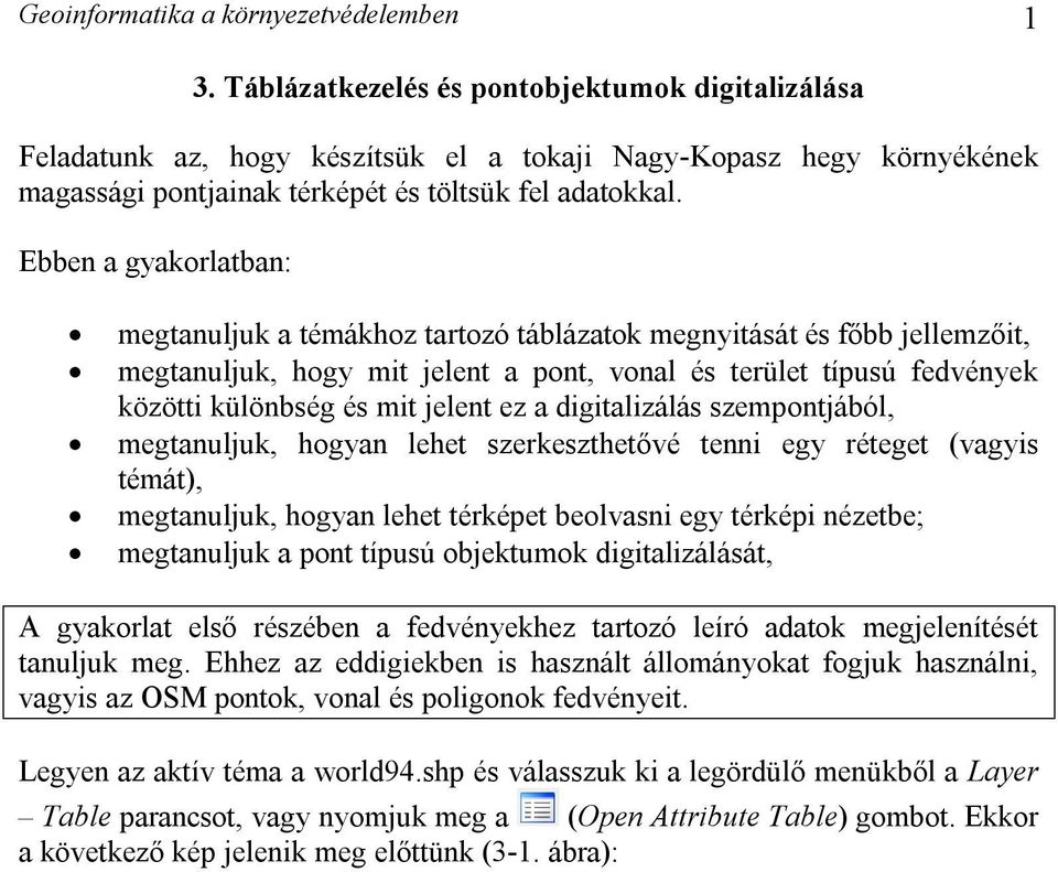 Ebben a gyakorlatban: megtanuljuk a témákhoz tartozó táblázatok megnyitását és főbb jellemzőit, megtanuljuk, hogy mit jelent a pont, vonal és terület típusú fedvények közötti különbség és mit jelent