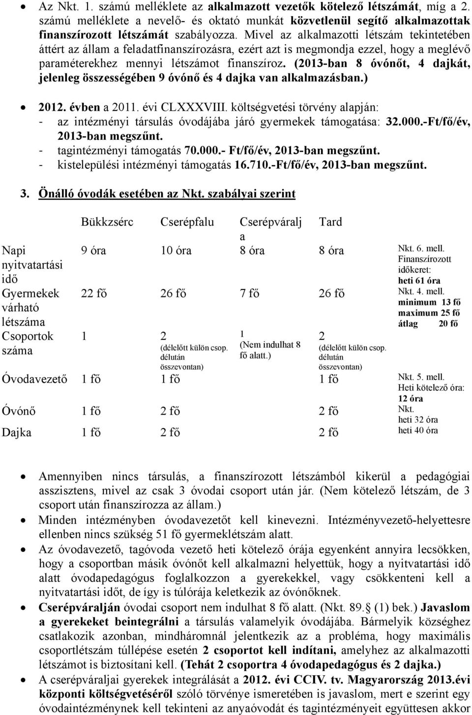 (2013-ban 8 óvónőt, 4 dajkát, jelenleg összességében 9 óvónő és 4 dajka van alkalmazásban.) 2012. évben a 2011. évi CLXXXVIII.