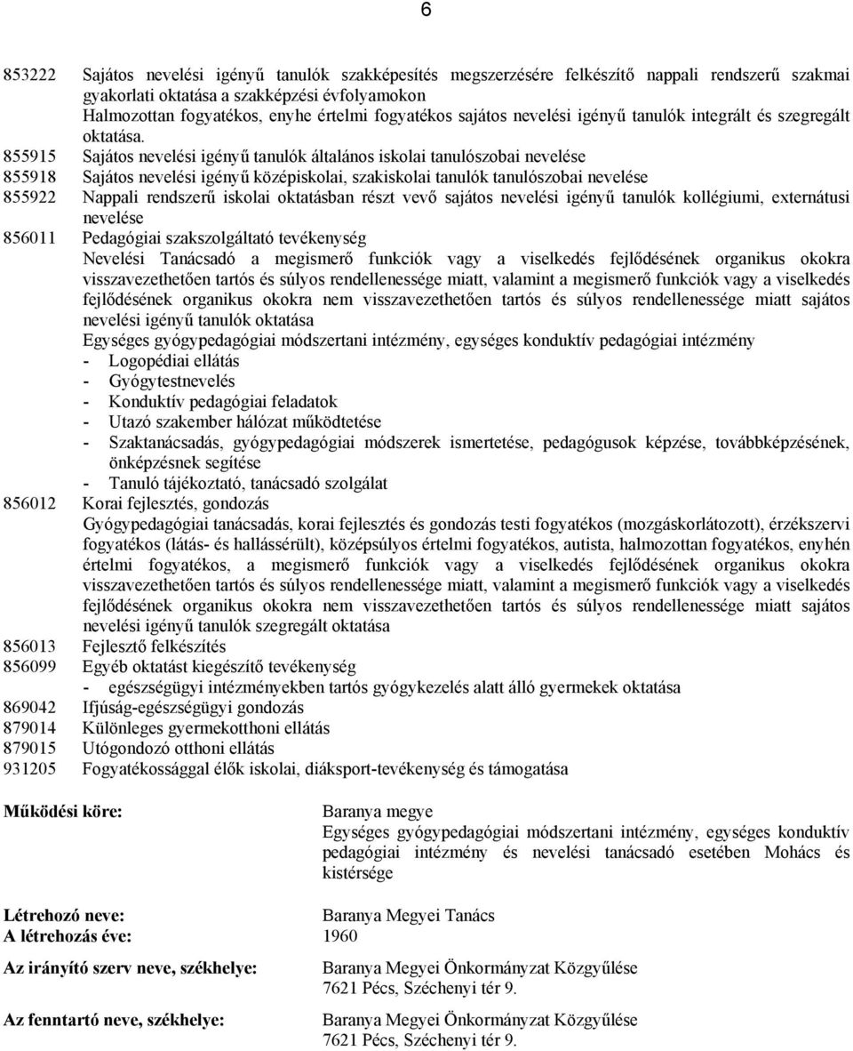 855915 Sajátos nevelési igényű tanulók általános iskolai tanulószobai nevelése 855918 Sajátos nevelési igényű középiskolai, szakiskolai tanulók tanulószobai nevelése 855922 Nappali rendszerű iskolai