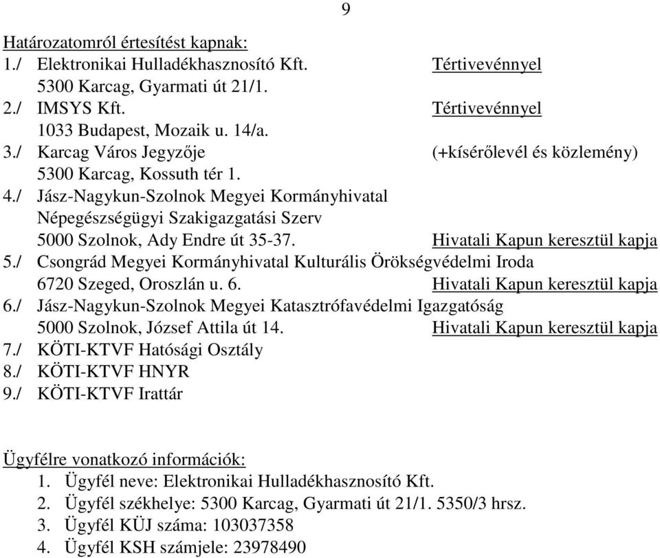 Hivatali Kapun keresztül kapja 5./ Csongrád Megyei Kormányhivatal Kulturális Örökségvédelmi Iroda 6720 Szeged, Oroszlán u. 6. Hivatali Kapun keresztül kapja 6.