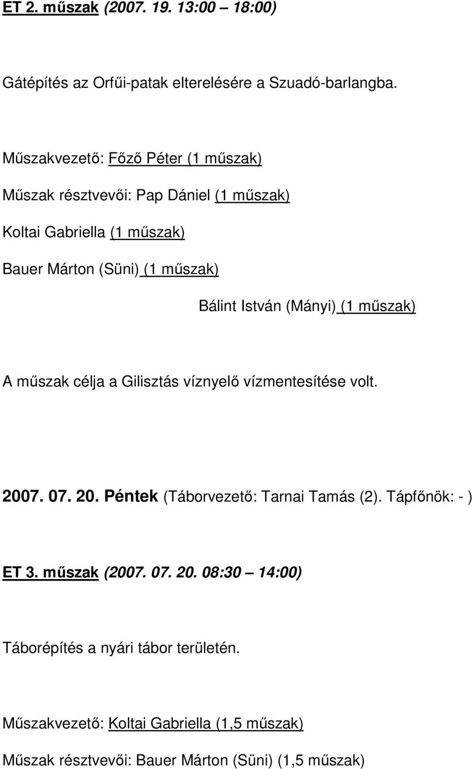 Bálint István (Mányi) (1 műszak) A műszak célja a Gilisztás víznyelő vízmentesítése volt. 2007. 07. 20. Péntek (Táborvezető: Tarnai Tamás (2).