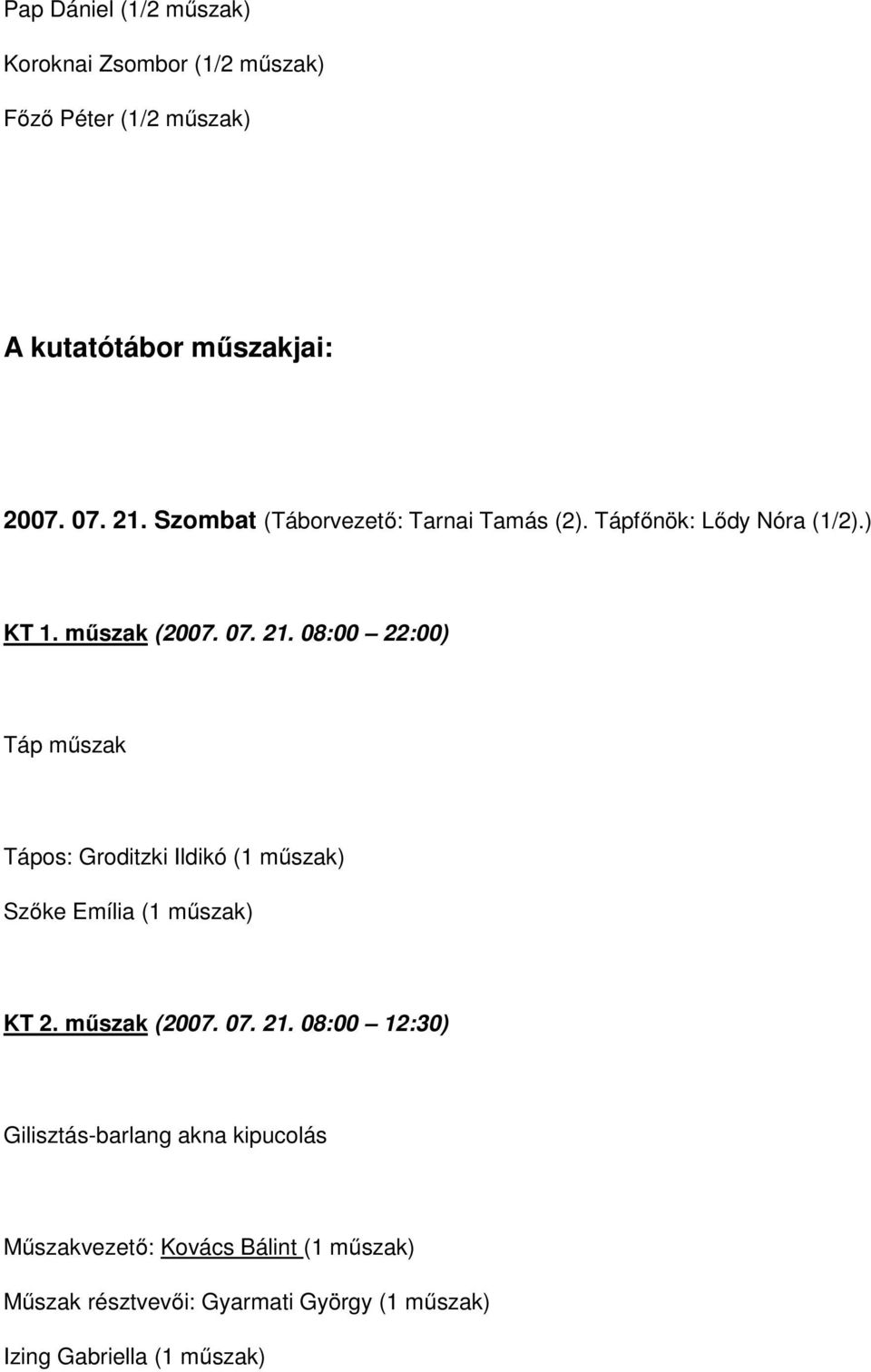 08:00 22:00) Táp műszak Tápos: Groditzki Ildikó (1 műszak) Szőke Emília (1 műszak) KT 2. műszak (2007. 07. 21.