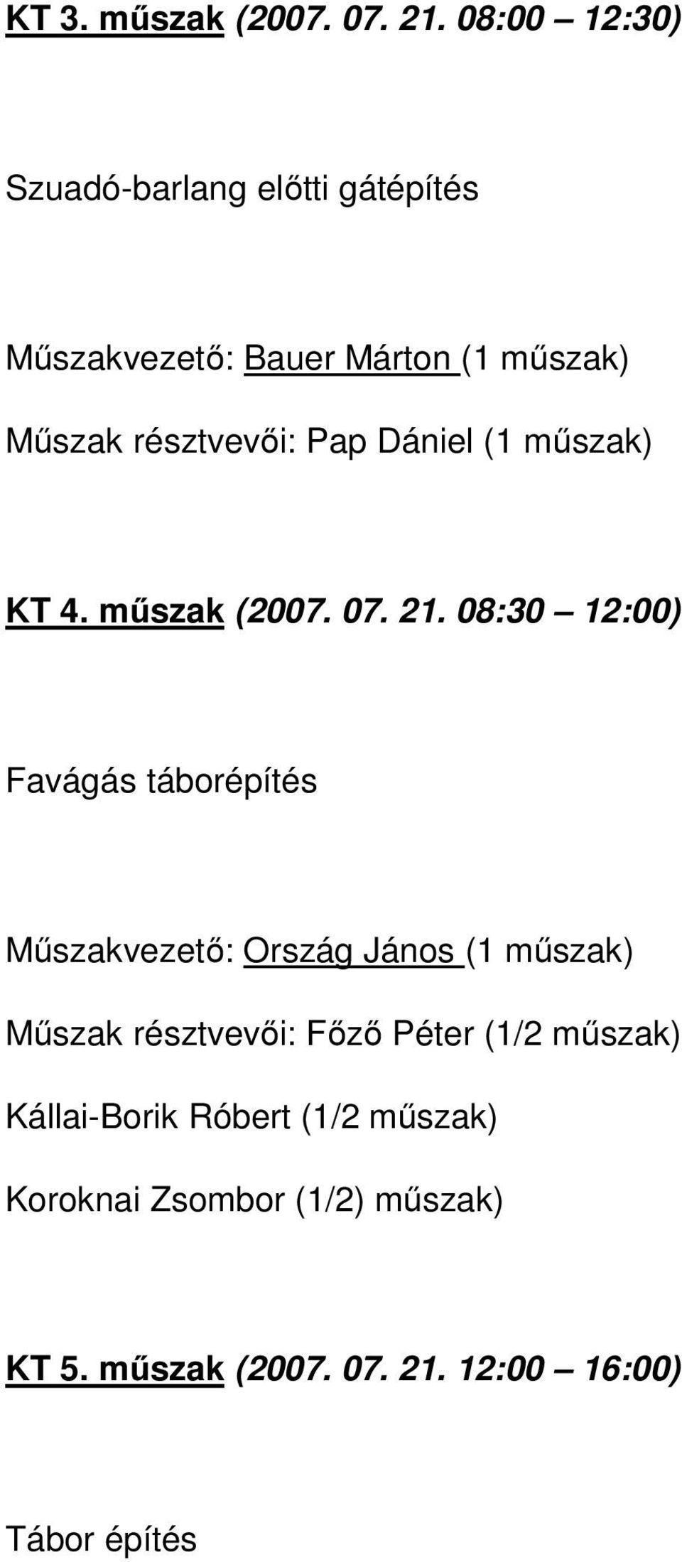 Pap Dániel (1 műszak) KT 4. műszak (2007. 07. 21.