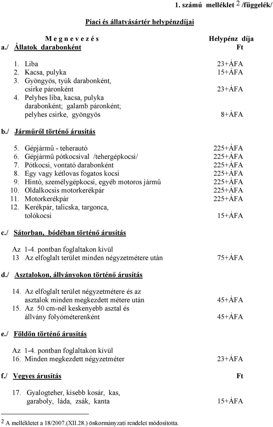 Gépjármő - teherautó 225+ÁFA 6. Gépjármő pótkocsival /tehergépkocsi/ 225+ÁFA 7. Pótkocsi, vontató darabonként 225+ÁFA 8. Egy vagy kétlovas fogatos kocsi 225+ÁFA 9.