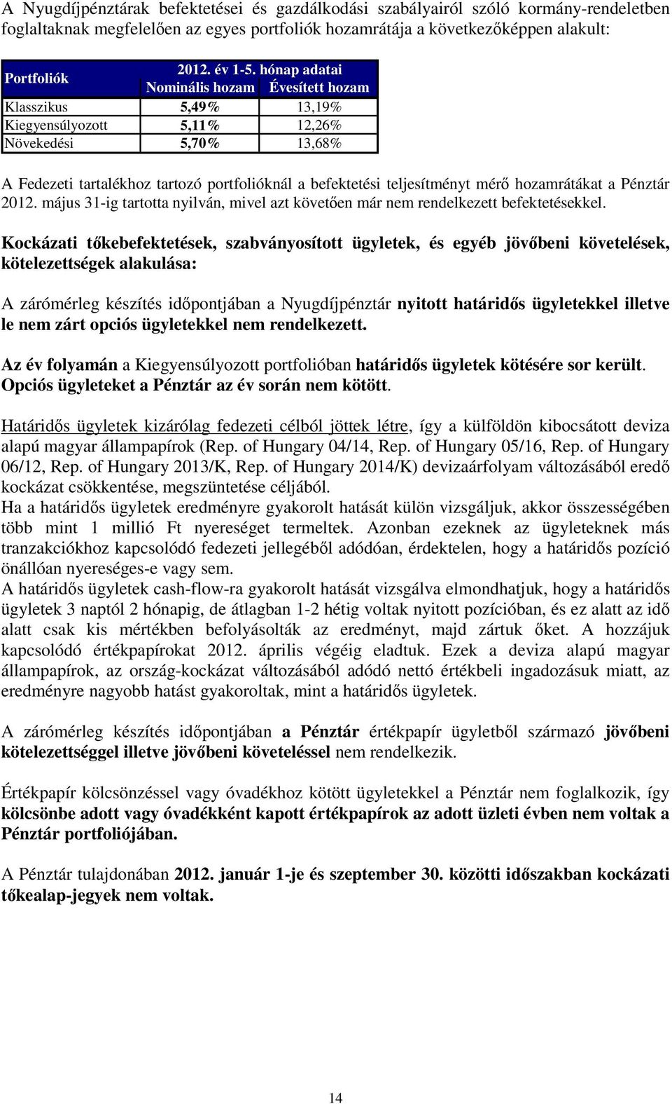 mérő hozamrátákat a Pénztár 2012. május 31-ig tartotta nyilván, mivel azt követően már nem rendelkezett befektetésekkel.