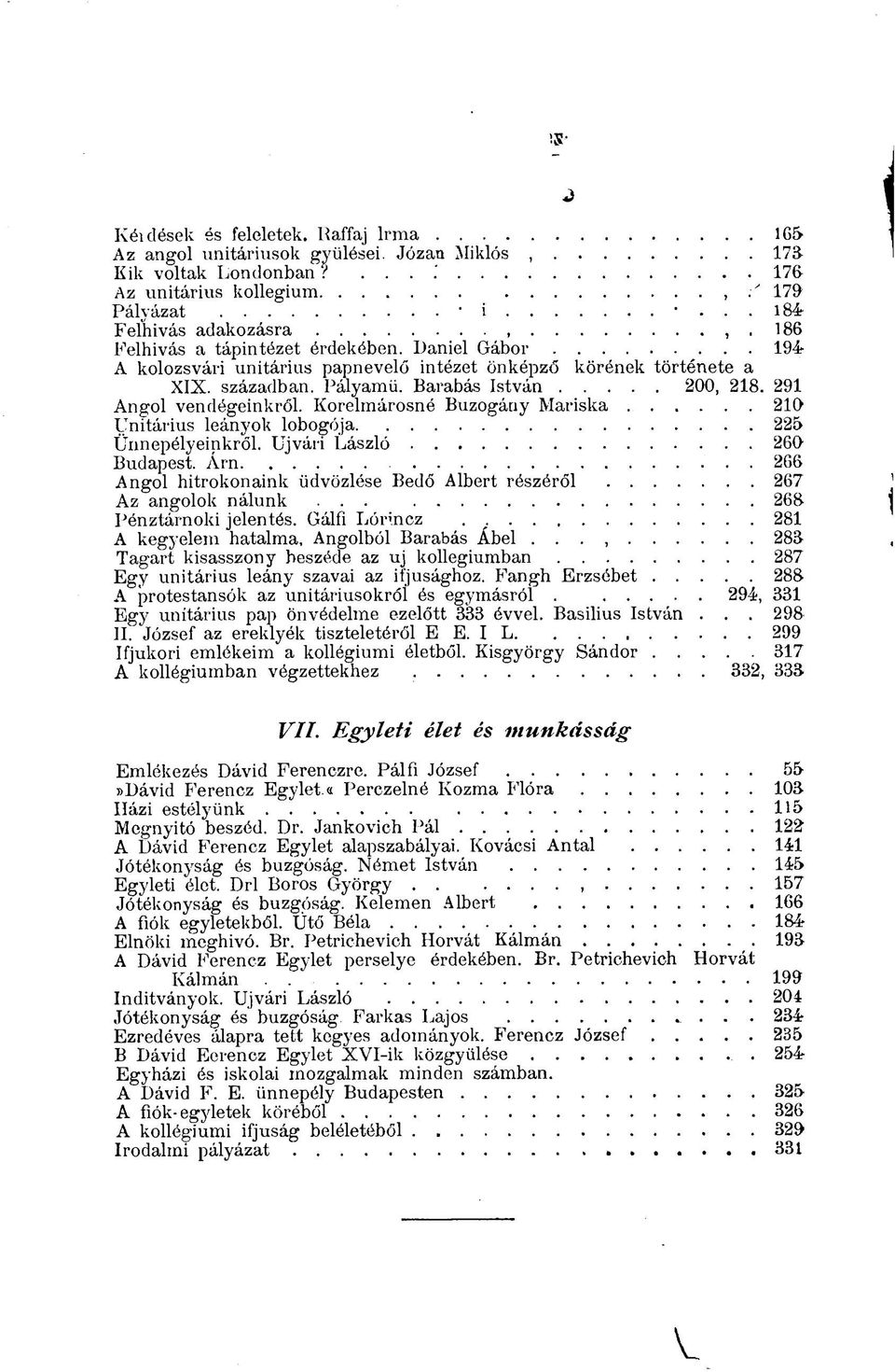 Korelmárosné Buzogány Mariska 210 Unitárius leányok lobogója 225 Ünnepélyeinkről. Újvári László 260 Budapest. Árn. 266 Angol hitrokonaink üdvözlése Bedő Albert részéről 267 Az angolok nálunk.