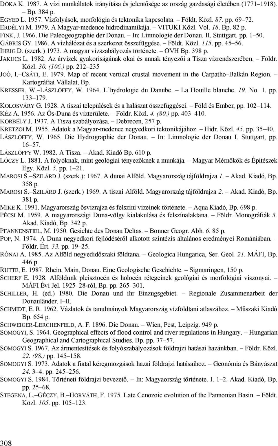 A vízhálózat és a szerkezet összefüggése. Földt. Közl. 115. pp. 4556. IHRIG D. (szerk.) 1973. A magyar vízszabályozás története. OVH Bp. 398 p. JAKUCS L. 1982.
