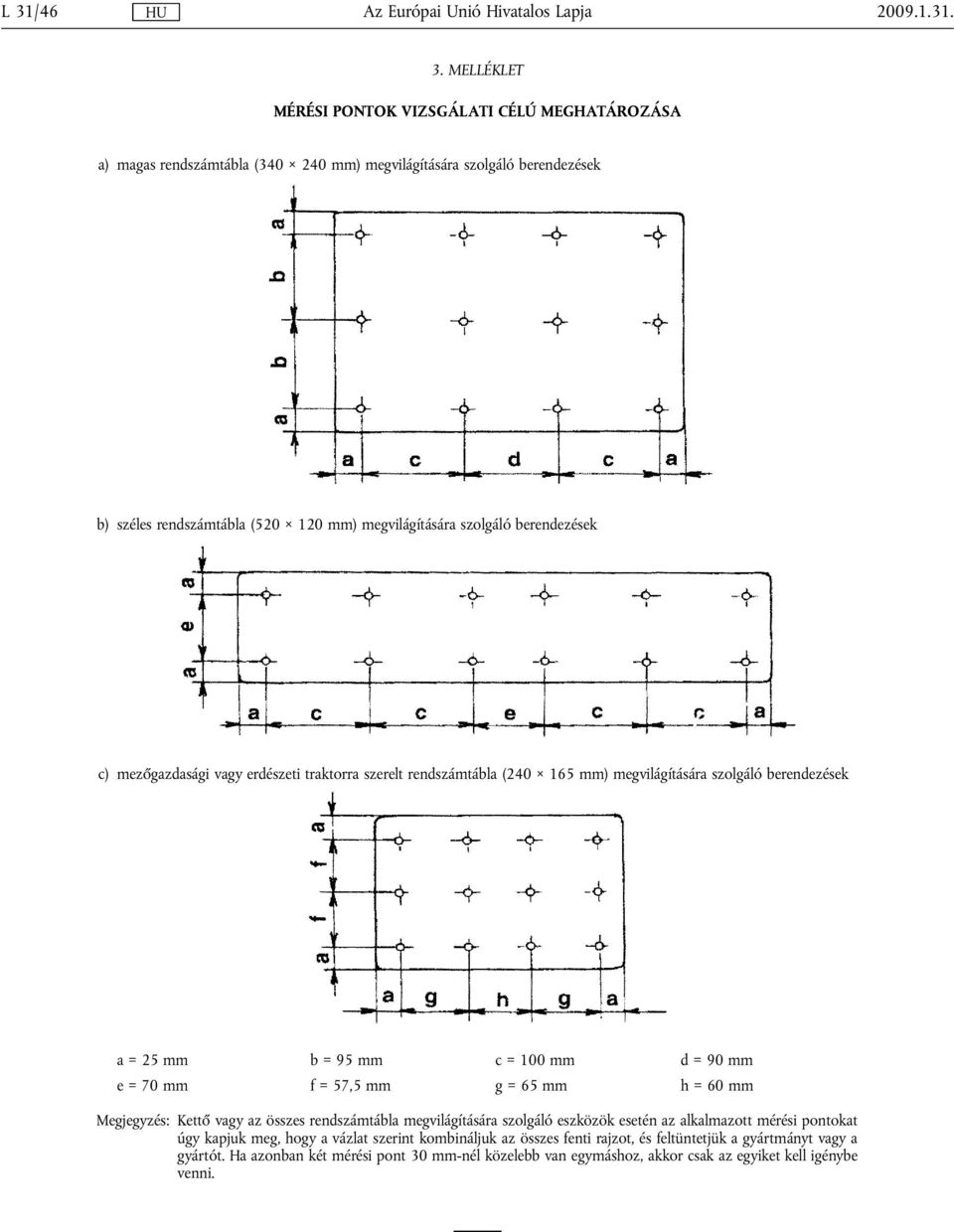 mm e = 70 mm f = 57,5 mm g = 65 mm h = 60 mm Megjegyzés: Kettő vagy az összes rendszámtábla megvilágítására szolgáló eszközök esetén az alkalmazott mérési pontokat úgy kapjuk meg, hogy a