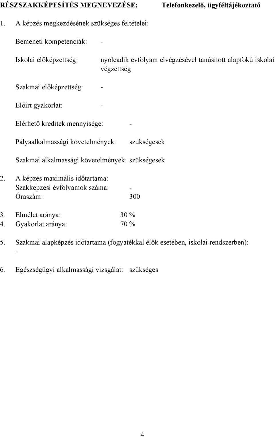 tanúsított alapfokú iskolai végzettség Elérhető kreditek mennyisége: Pályaalkalmassági követelmények: szükségesek Szakmai alkalmassági követelmények: szükségesek 2.