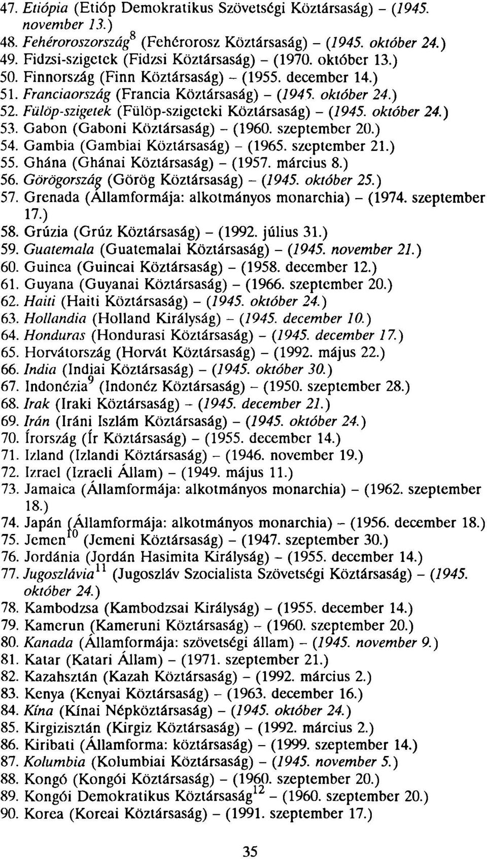 Gabon (Gaboni Köztársaság) - (1960. szeptember 20.) 54. Gambia (Gambiai Köztársaság) - (1965. szeptember 21.) 55. Ghána (Ghánai Köztársaság) - (1957. március 8.) 56.