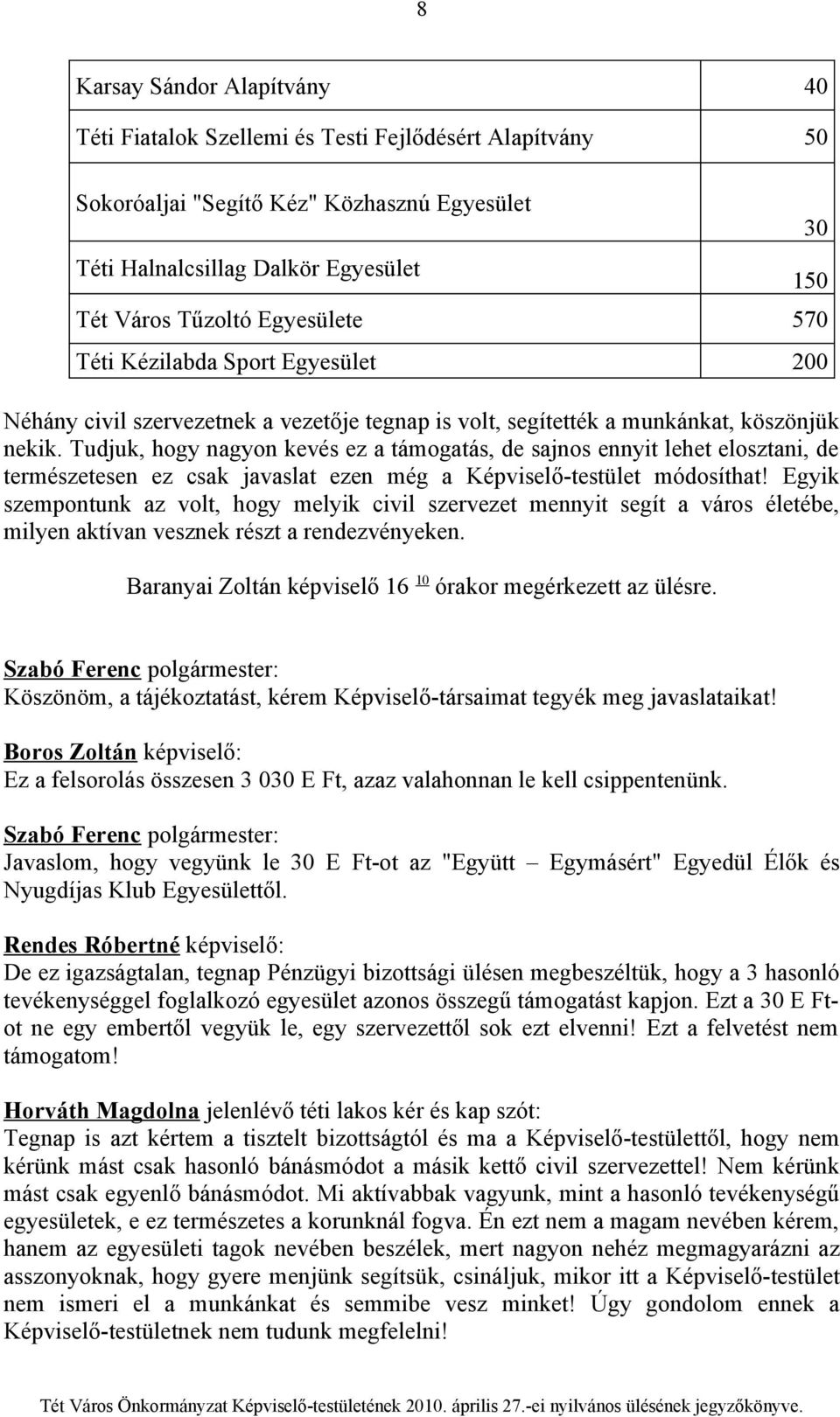 Tudjuk, hogy nagyon kevés ez a támogatás, de sajnos ennyit lehet elosztani, de természetesen ez csak javaslat ezen még a Képviselő-testület módosíthat!