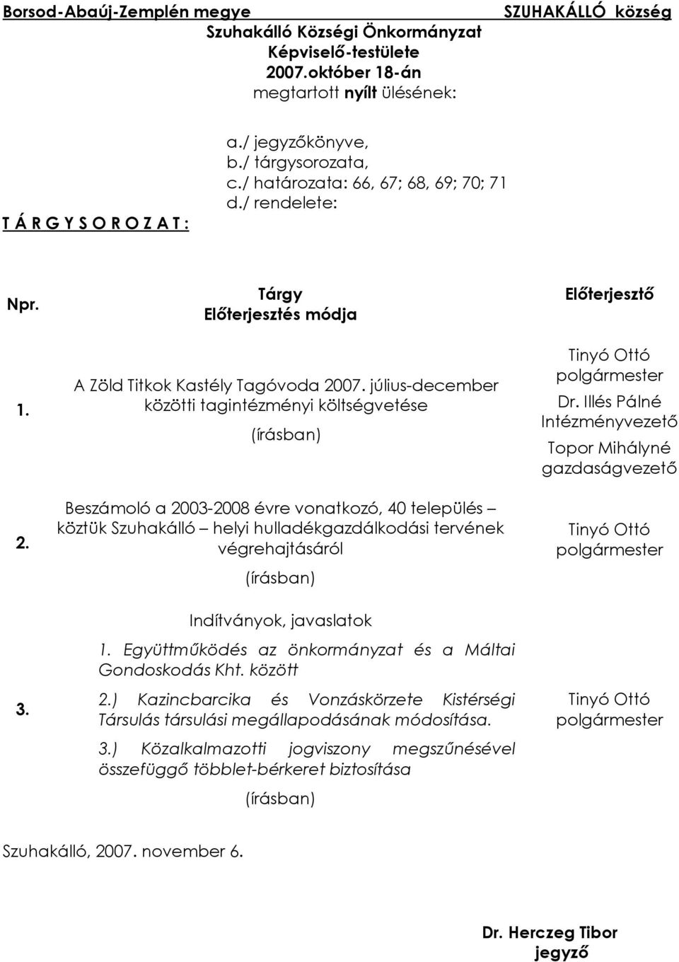 július-december közötti tagintézményi költségvetése (írásban) Beszámoló a 2003-2008 évre vonatkozó, 40 település köztük Szuhakálló helyi hulladékgazdálkodási tervének végrehajtásáról (írásban)