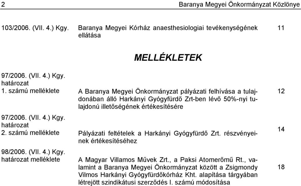 ) Kgy. határozat 2. számú melléklete Pályázati feltételek a Harkányi Gyógyfürdő Zrt. részvényeinek értékesítéséhez 98/2006. (VII. 4.) Kgy. határozat melléklete A Magyar Villamos Művek Zrt.