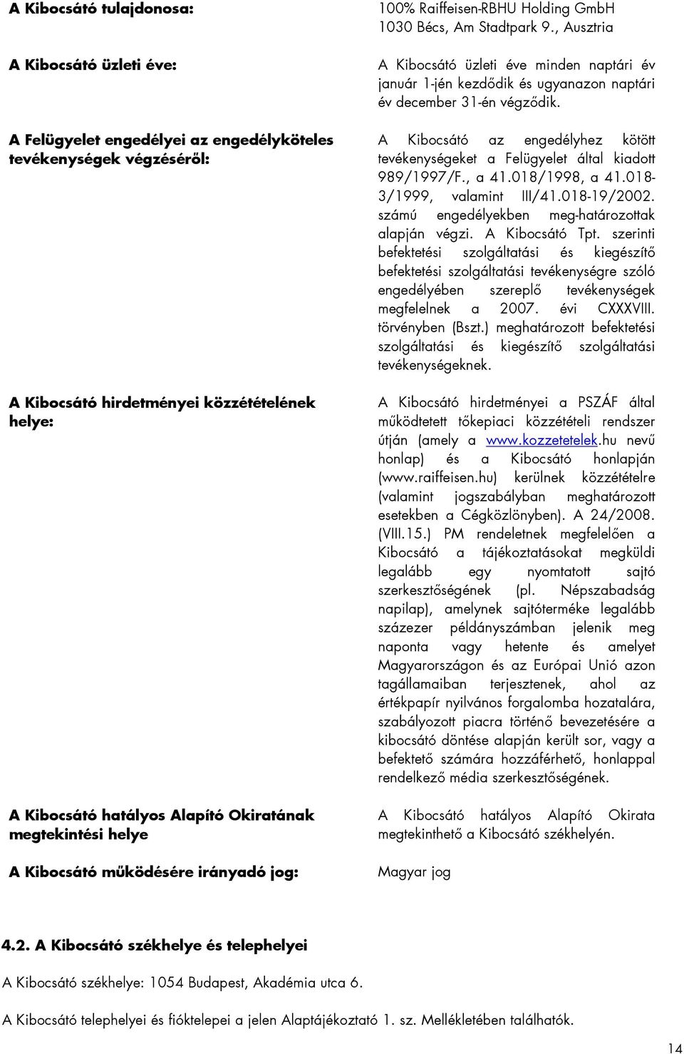 , Ausztria A Kibocsátó üzleti éve minden naptári év január 1-jén kezdıdik és ugyanazon naptári év december 31-én végzıdik.