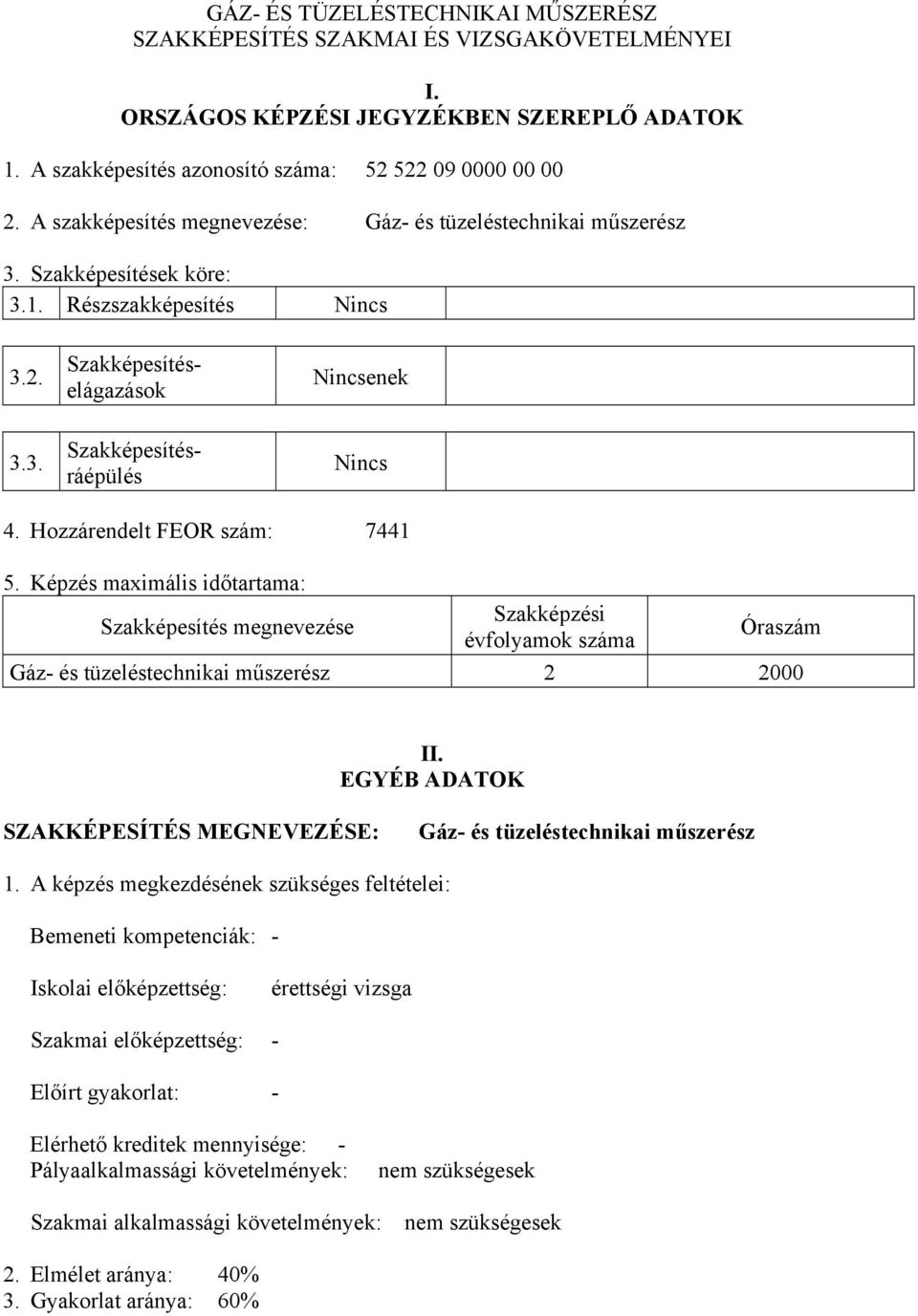 Hozzárendelt FEOR szám: 7441 5. Képzés maximális időtartama: Szakképesítés megnevezése Szakképzési évfolyamok száma Óraszám Gáz- és tüzeléstechnikai műszerész 2 2000 II.