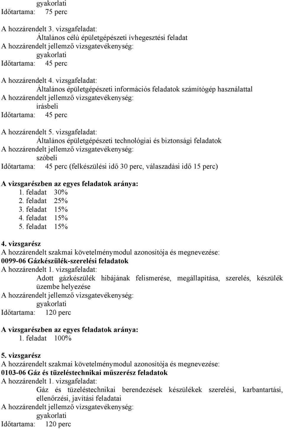 vizsgafeladat: Általános épületgépészeti technológiai és biztonsági feladatok szóbeli Időtartama: 45 perc (felkészülési idő 30 perc, válaszadási idő 15 perc) A vizsgarészben az egyes feladatok