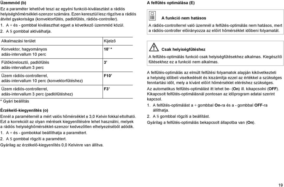 A felfűtés optmálása (E) A funkcó nem hatásos A rádós-controllerrel való üzemnél a felfűtés-optmálás nem hatásos, mert a rádós-controller előrányozza az előírt hőmérséklet dőben folyamatát.