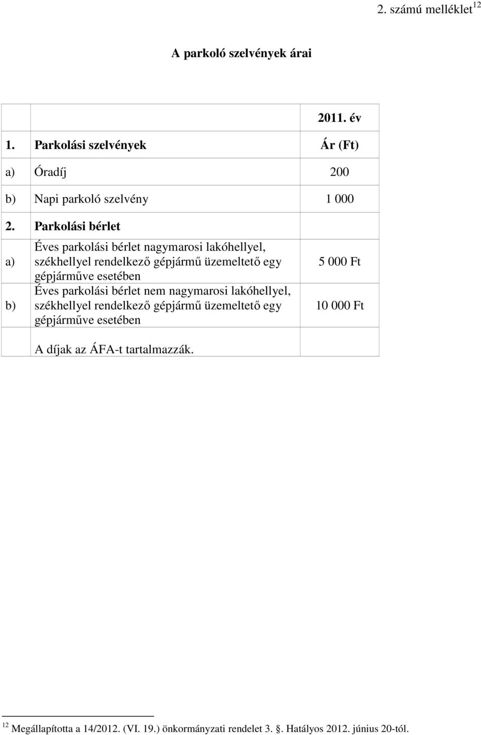 Parkolási bérlet a) b) Éves parkolási bérlet nagymarosi lakóhellyel, székhellyel rendelkező gépjármű üzemeltető egy gépjárműve