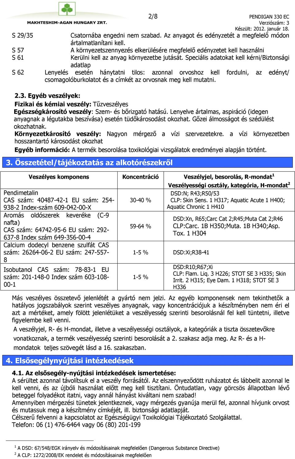 Speciális adatokat kell kérni/biztonsági adatlap S 62 Lenyelés esetén hánytatni tilos: azonnal orvoshoz kell fordulni, az edényt/ csomagolóburkolatot és a címkét az orvosnak meg kell mutatni. 2.3.