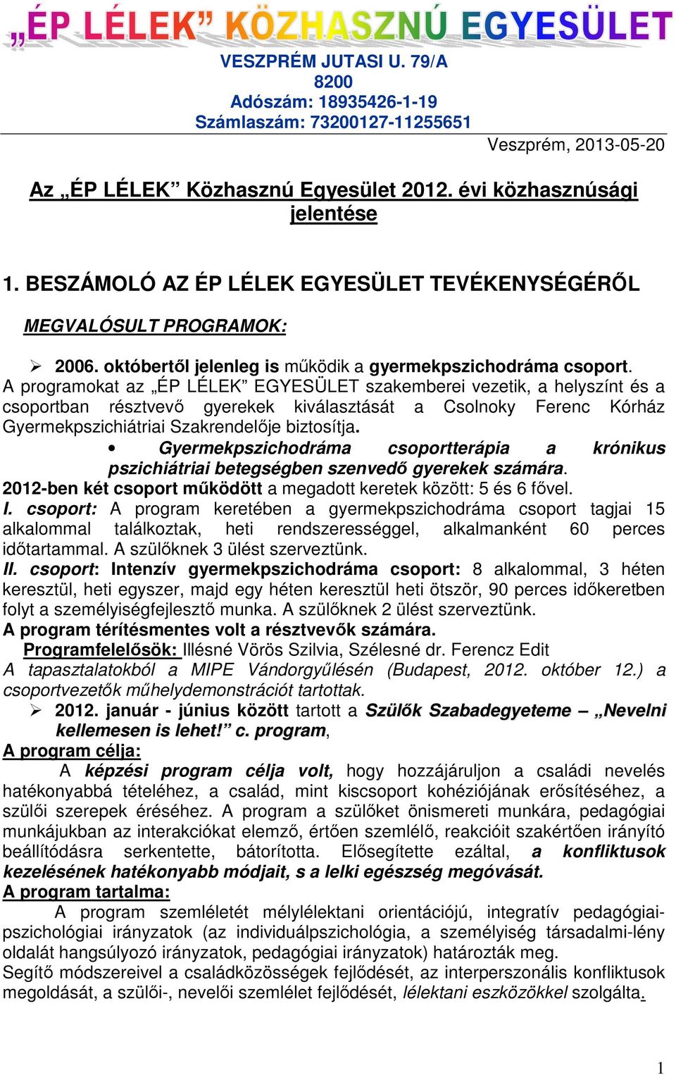 A programokat az ÉP LÉLEK EGYESÜLET szakemberei vezetik, a helyszínt és a csoportban résztvevı gyerekek kiválasztását a Csolnoky Ferenc Kórház Gyermekpszichiátriai Szakrendelıje biztosítja.