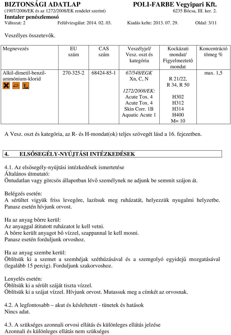 1B Aquatic Acute 1 Kockázati mondat/ Figyelmeztető mondat R 21/22, R 34, R 50 H302 H312 H314 H400 M= 10 Koncentráció tömeg % max. 1,5 A Vesz.