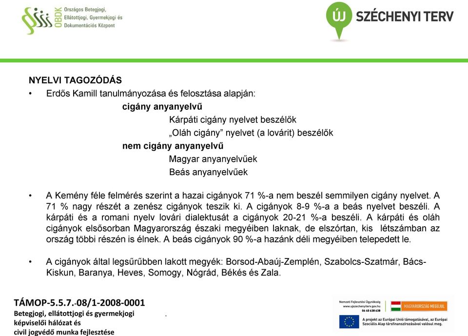 nyelvet beszéli A kárpáti és a romani nyelv lovári dialektusát a cigányok 20-21 %-a beszéli A kárpáti és oláh cigányok elsősorban Magyarország északi megyéiben laknak, de elszórtan, kis létszámban az