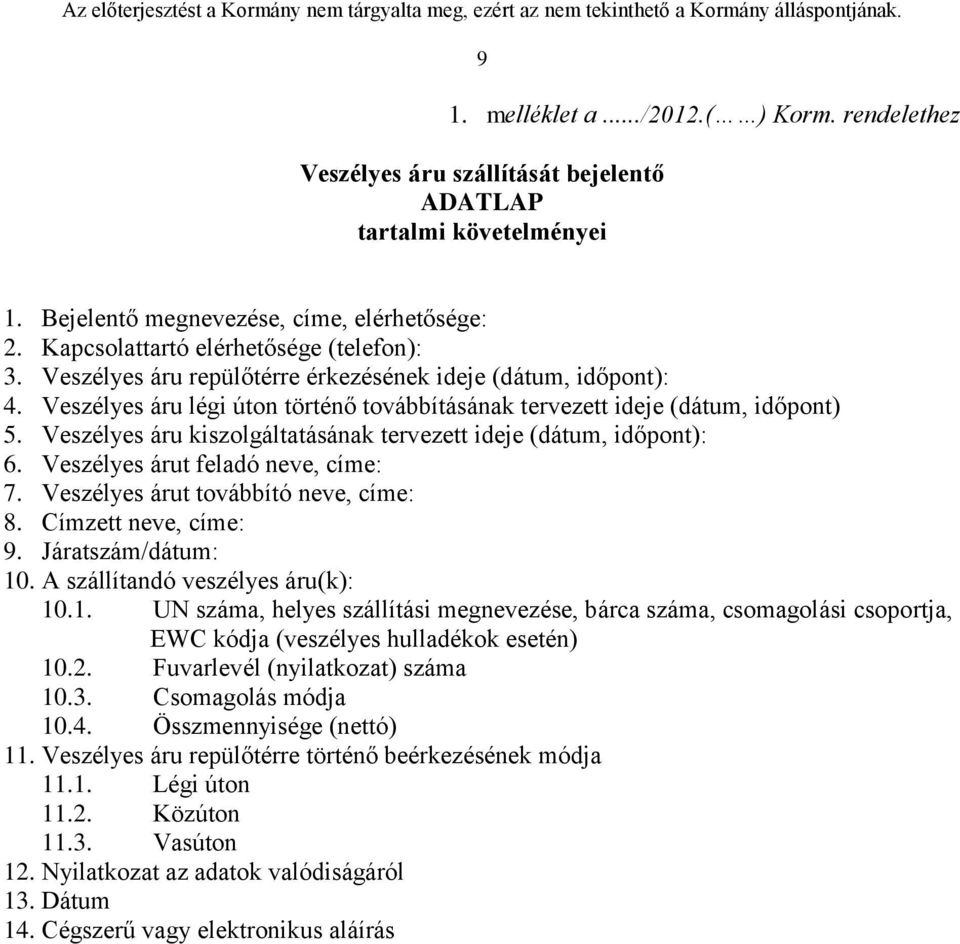 Veszélyes áru kiszolgáltatásának tervezett ideje (dátum, időpont): 6. Veszélyes árut feladó neve, címe: 7. Veszélyes árut továbbító neve, címe: 8. Címzett neve, címe: 9. Járatszám/dátum: 10.