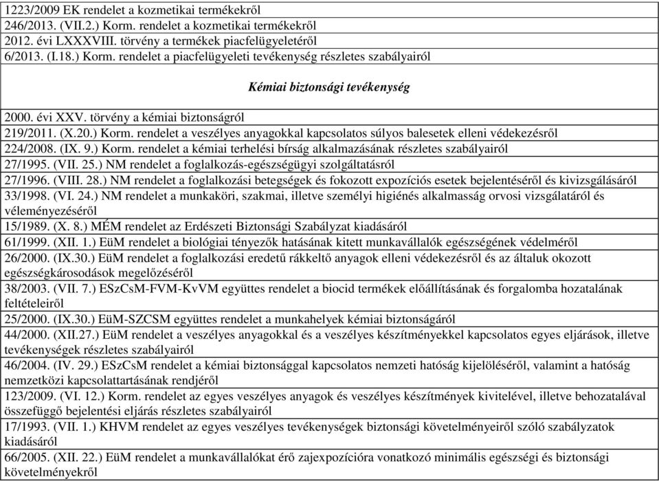(VII. 25.) NM rendelet a foglalkozás-egészségügyi szolgáltatásról 27/1996. (VIII. 28.) NM rendelet a foglalkozási betegségek és fokozott expozíciós esetek bejelentéséről és kivizsgálásáról 33/1998.