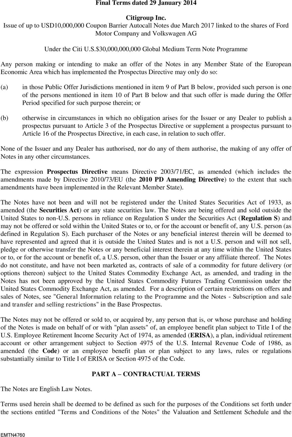 10,000,000 Coupon Barrier Autocall Notes due March 2017 linked to the shares of Ford Motor Company and Volkswagen AG Under the Citi U.S.