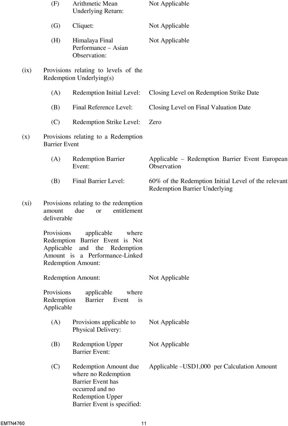 Redemption Barrier Event: Applicable Redemption Barrier Event European Observation (B) Final Barrier Level: 60% of the Redemption Initial Level of the relevant Redemption Barrier Underlying (xi)