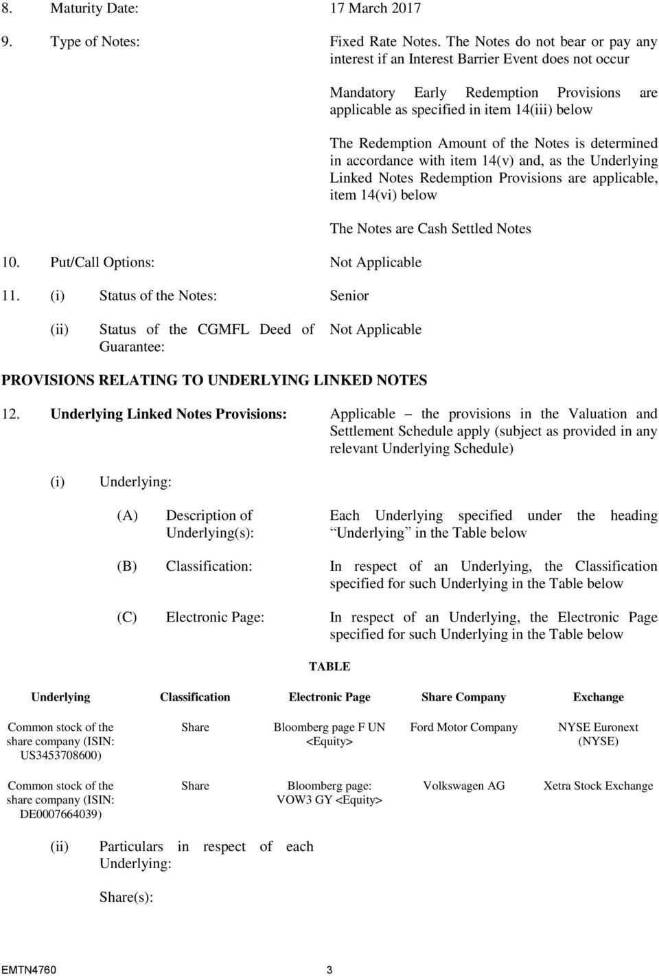 and, as the Underlying Linked Notes Redemption Provisions are applicable, item 14(vi) below The Notes are Cash Settled Notes (ii) Status of the CGMFL Deed of Guarantee: PROVISIONS RELATING TO