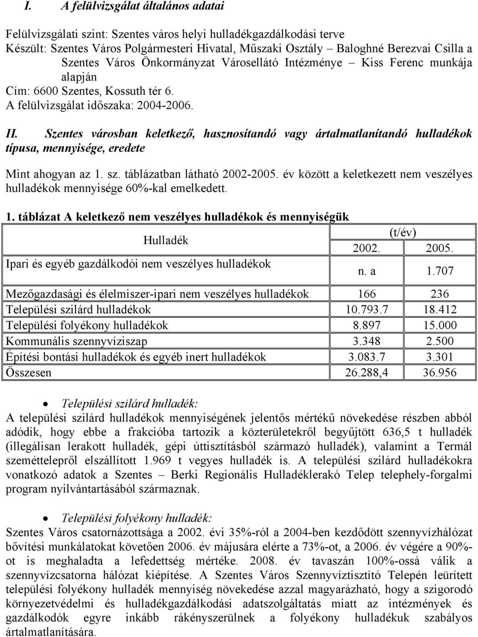 Szentes városban keletkező, hasznosítandó vagy ártalmatlanítandó hulladékok típusa, mennyisége, eredete Mint ahogyan az 1. sz. táblázatban látható 2002-2005.