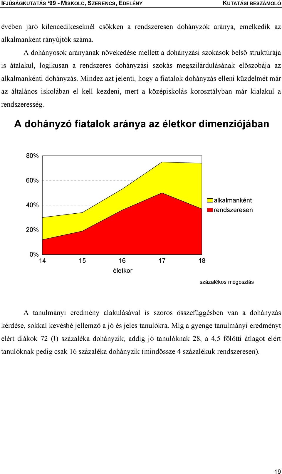 Mindez azt jelenti, hogy a fiatalok dohányzás elleni küzdelmét már az általános iskolában el kell kezdeni, mert a középiskolás korosztályban már kialakul a rendszeresség.