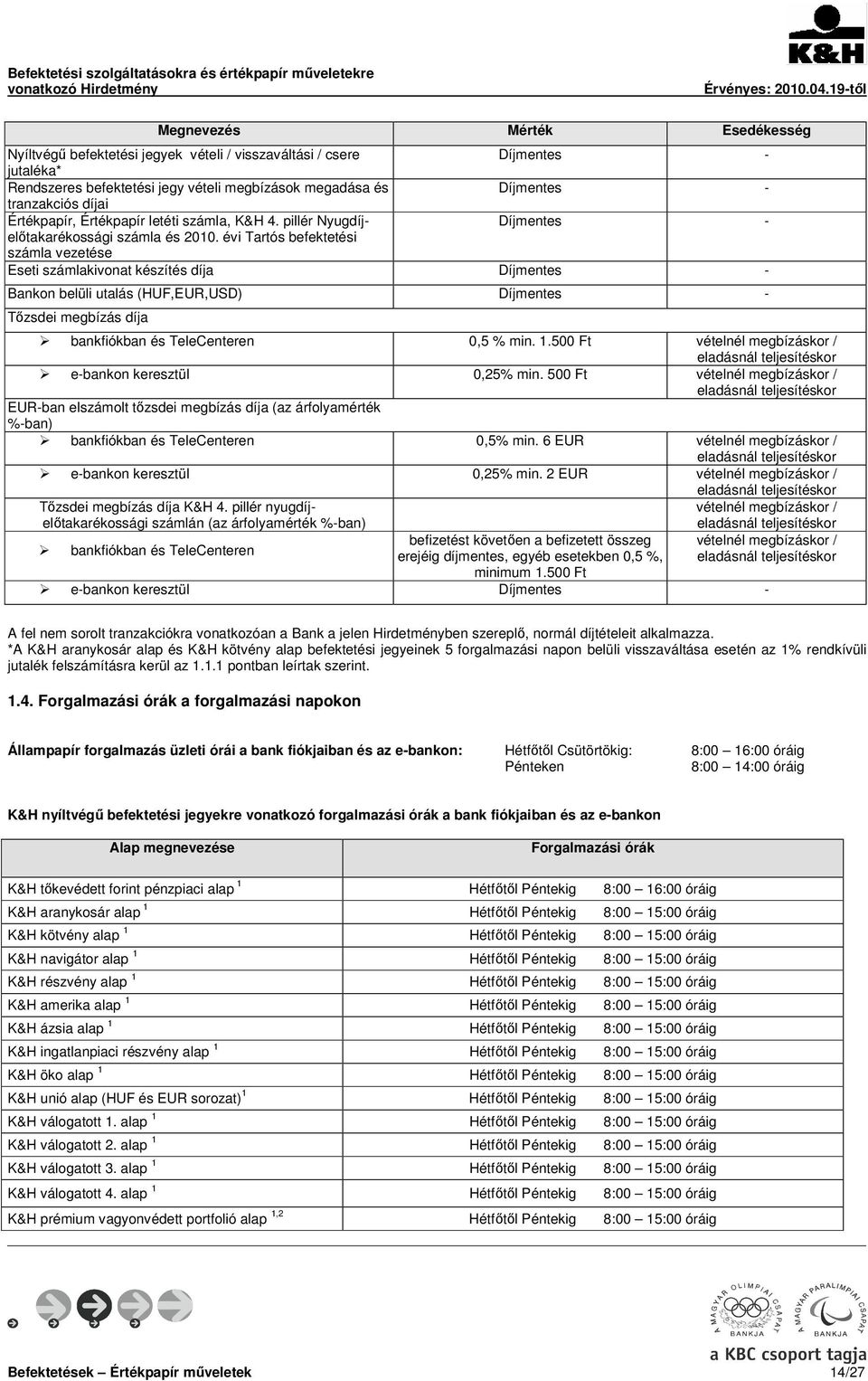 évi Tartós befektetési számla vezetése Eseti számlakivonat készítés díja Díjmentes - Bankon belüli utalás (HUF,EUR,USD) Díjmentes - Tőzsdei megbízás díja bankfiókban és TeleCenteren 0,5 % min. 1.