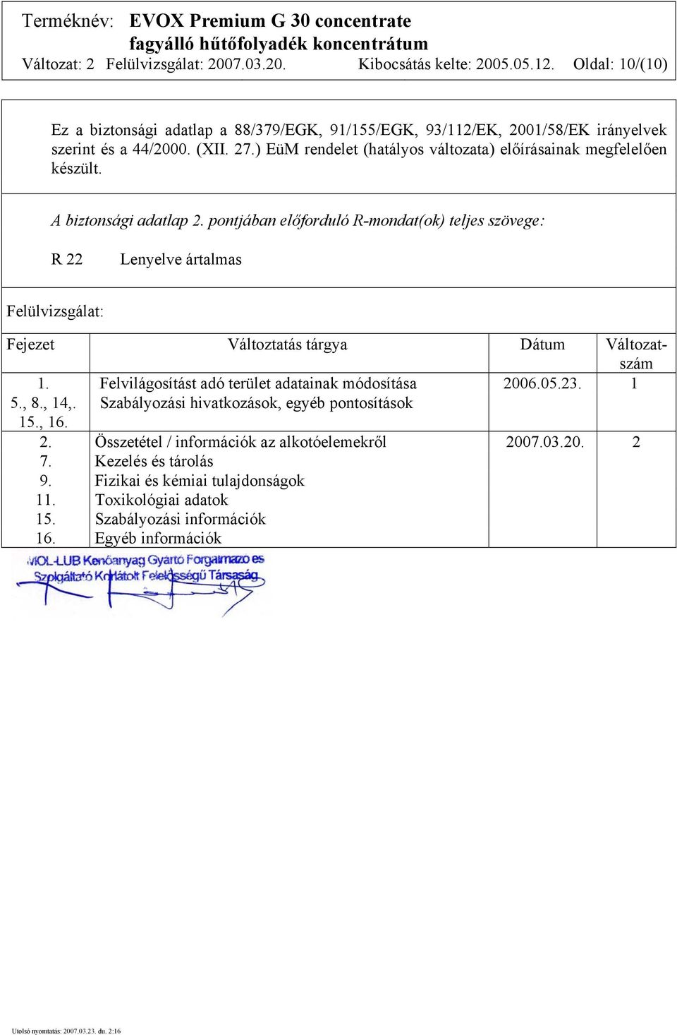 pontjában előforduló R-mondat(ok) teljes szövege: R 22 Lenyelve ártalmas Felülvizsgálat: Fejezet Változtatás tárgya Dátum Változatszám 1.