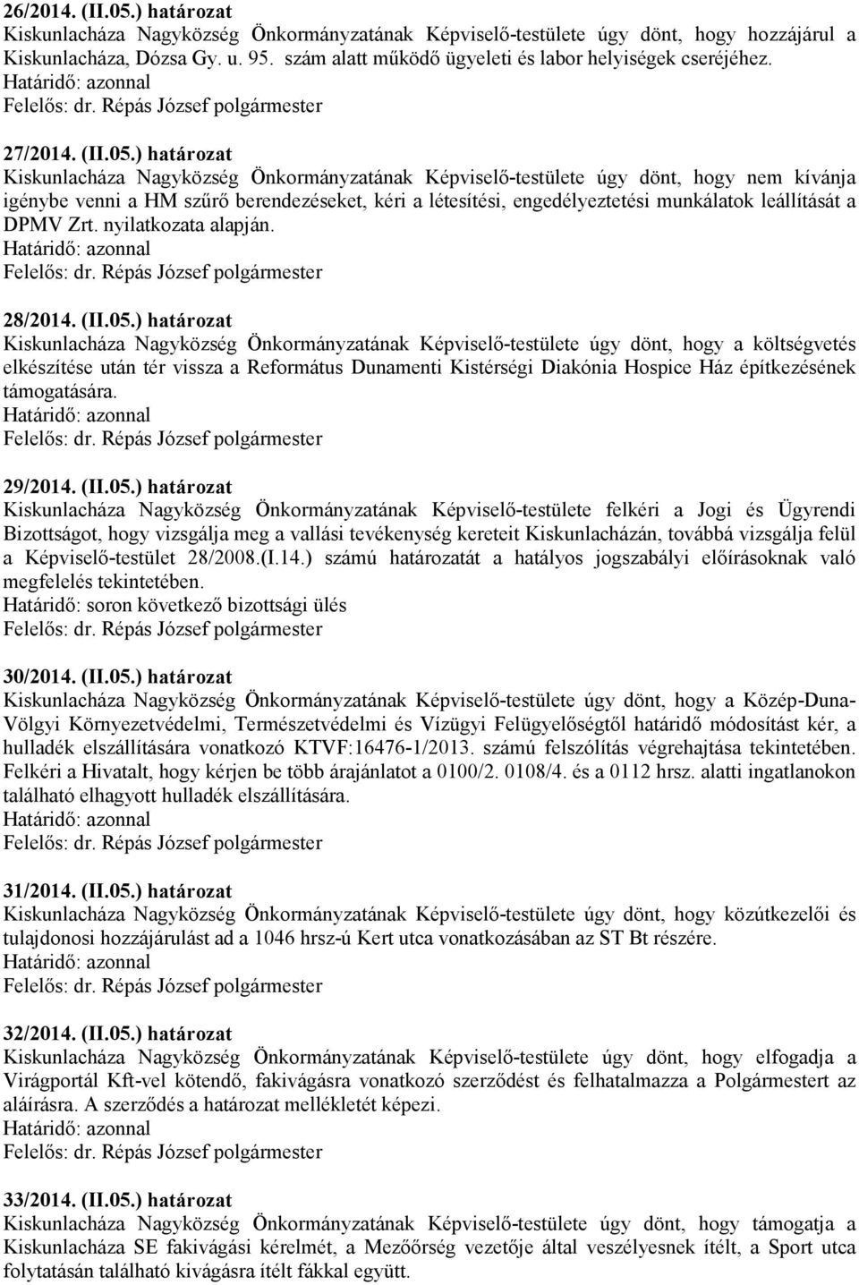 ) határozat Kiskunlacháza Nagyközség Önkormányzatának Képviselő-testülete úgy dönt, hogy nem kívánja igénybe venni a HM szűrő berendezéseket, kéri a létesítési, engedélyeztetési munkálatok