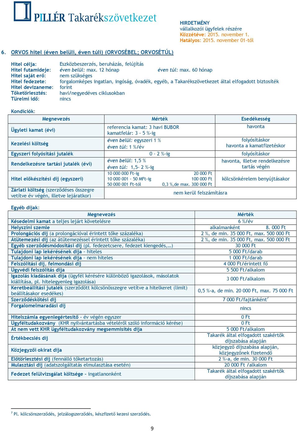 havi/negyedéves ciklusokban Türelmi idő: nincs Kondíciók: Ügyleti kamat (évi) Kezelési költség referencia kamat: 3 havi BUBOR kamatfelár: 3 5 %-ig éven belül: egyszeri 1 % éven túl: 1 %/év havonta