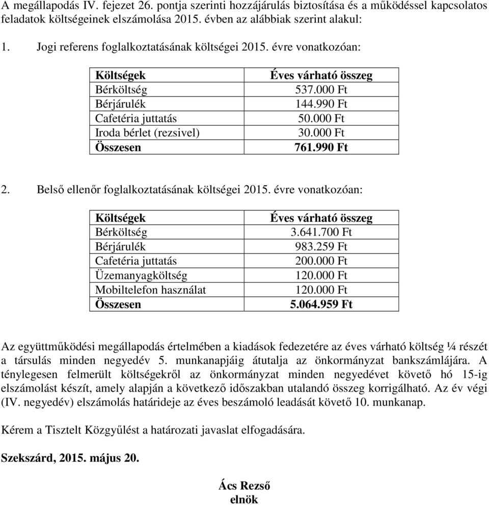 000 Ft 30.000 Ft 761.990 Ft 2. Belsı ellenır foglalkoztatásának költségei 2015.