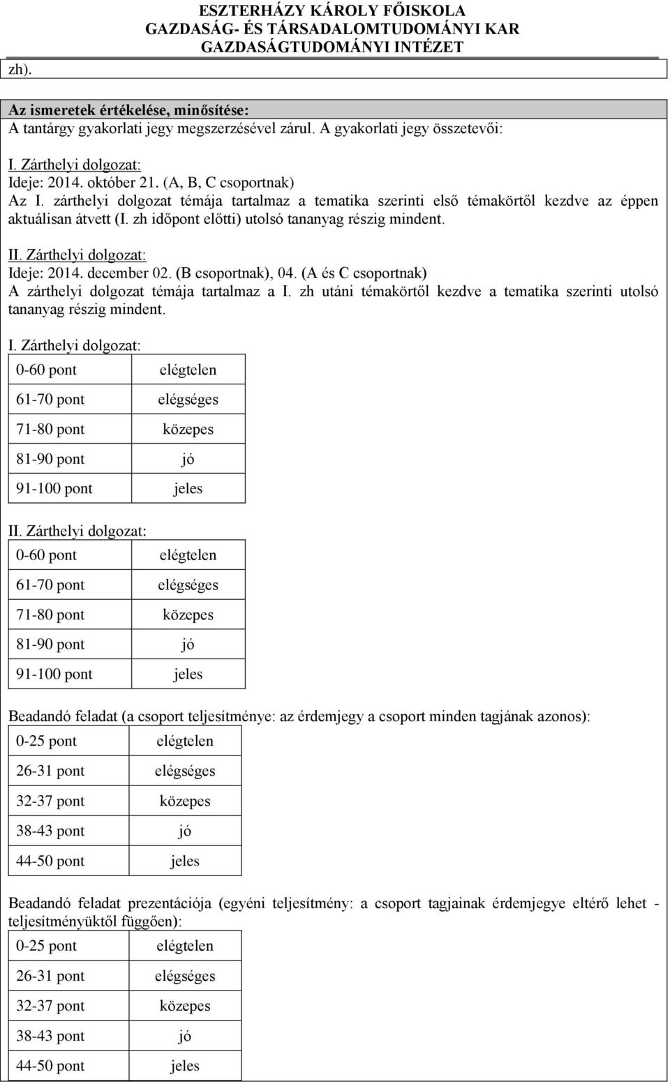 Zárthelyi dolgozat: Ideje: 2014. december 02. (B csoportnak), 04. (A és C csoportnak) A zárthelyi dolgozat témája tartalmaz a I.