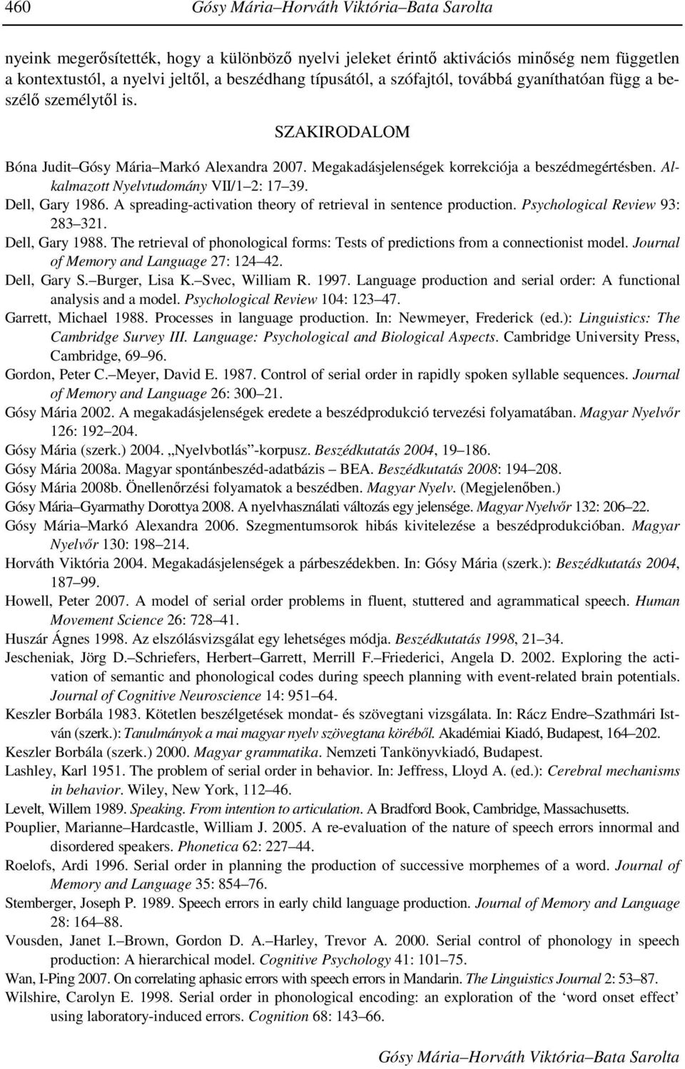 Alkalmazott Nyelvtudomány VII/1 2: 17 39. Dell, Gary 1986. A spreading-activation theory of retrieval in sentence production. Psychological Review 93: 283 321. Dell, Gary 1988.